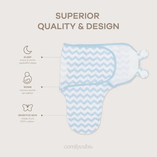 Miniatura 3 de Comfy Cubs - Manta para envolver fácil, 3 unidades - 100% algodón para recién nacidos, tamaño grande para bebés de 3-6 meses, con velcro ajustable