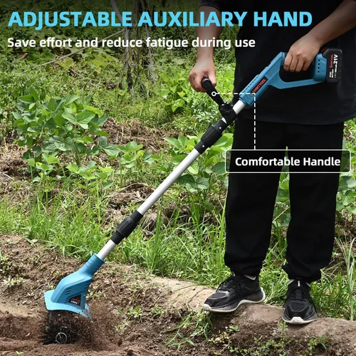 Miniatura 7 de Cultivador de suelo sin cable de 21 V, cultivador de jardín de 8 pulgadas de ancho con batería de 4.0 Ah, cultivador con dientes de acero y pantalla