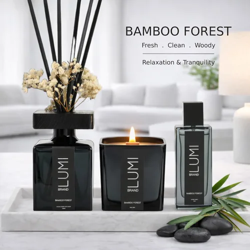 Miniatura 2 de Juego de regalo de aroma de lujo Bosque de bambú – Difusor de caña (6.8 fl oz), vela de soja con mecha de madera (7.05 oz), spray para habitación