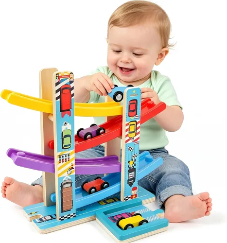 Heirio Juguetes Montessori para niños y niñas de 1, 2 y 3 años, juguete de rampa de madera sin montaje con 4 autos de carreras y estacionamiento,