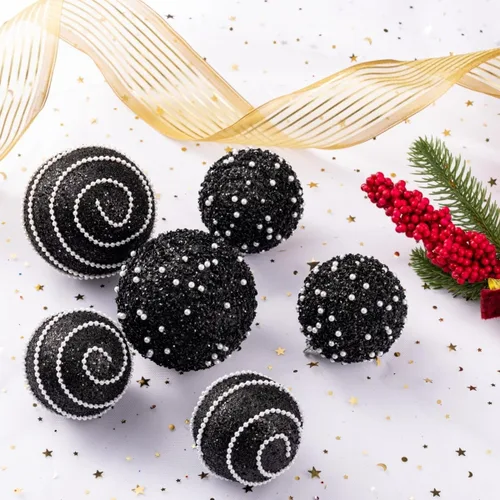 Miniatura 4 de Adornos de Bolas de Navidad Negras, Decoraciones de Bolas de Navidad de Plástico Irrompible Colgantes con Perlas para Fiestas Navideñas
