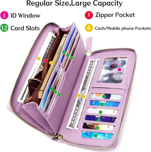Miniatura 79 de Badiya Billetera para mujer con bloqueo RFlD de cuero con cremallera alrededor de carteras de gran capacidad