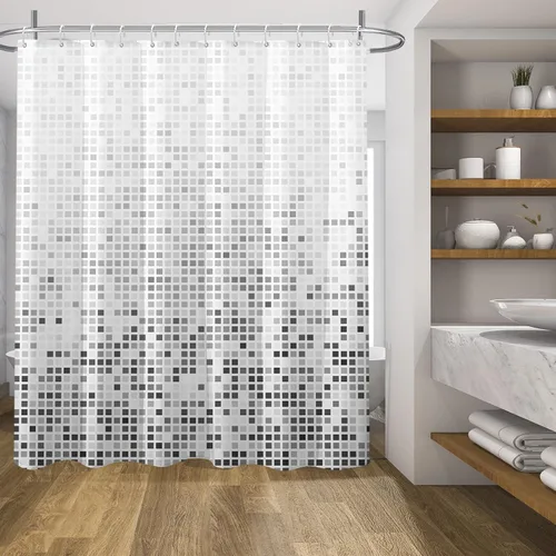 Miniatura 9 de Decoreagy Cortina de ducha gris y blanca, cortinas de ducha de baño negras degradadas, cortinas de baño de tela impermeable con 12 ganchos, 72 x 72