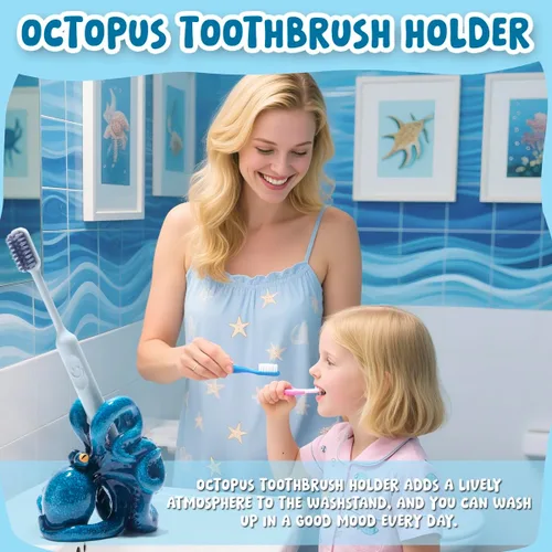 Miniatura 4 de Hodao Soporte para cepillo de dientes de pulpo, soporte de cepillo de dientes de resina único y lindo para niños y adultos, accesorios de decoración
