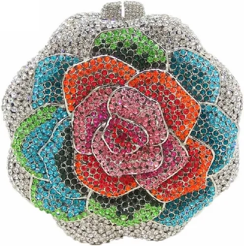 Boutique De FGG Rose Flower Crystal Clutch Mujeres Bolsos de Noche Formal Fiesta Rhinestone Bolso Boda Novia