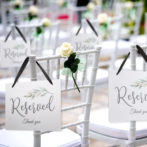Miniatura 3 de Zonon 6 carteles reservados para sillas de boda colgantes con cinta, cartel de asiento de silla de boda, pancarta de papel para ceremonia, fiesta
