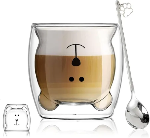 Miniatura 16 de Binoster Tazas Lindas de Oso Kawaii de Vidrio de Doble Pared para Café y Té, Taza de Yogur Divertida, Regalo Novedoso para Mujeres, Sus Amigas