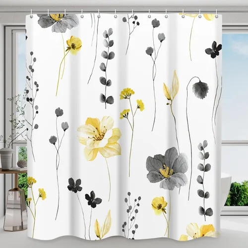 WITHLOC - Juego de cortinas de ducha lavables con flores/plantas de primavera en acuarela color azul y gris para decoración moderna/campestre de A -