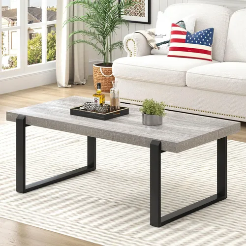 Miniatura 13 de FOLUBAN - Mesa de café rústica, mesa central industrial moderna de madera y metal para sala de estar, 47 pulgadas de roble