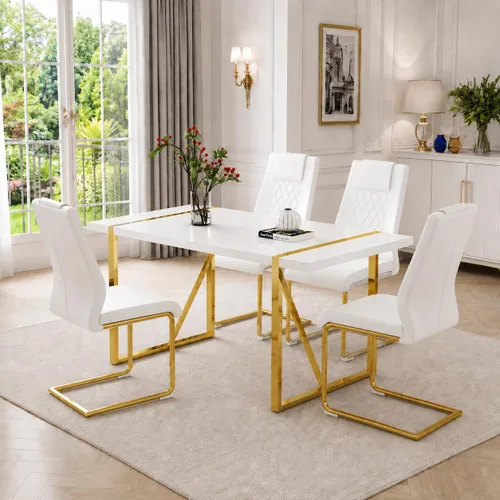 Miniatura 23 de Juego de mesa de comedor moderna de 55 pulgadas para 4, mesa de comedor negra y marco de metal dorado, mesa de comedor rectangular con 4 sillas