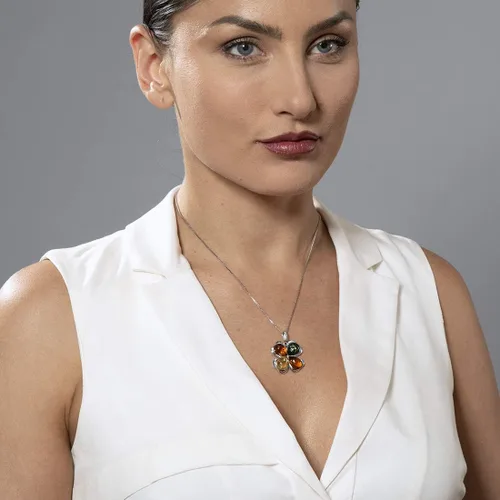 Miniatura 3 de Peora Collar con dije de trébol de la suerte de trébol ámbar báltico, aretes y pulsera en plata de ley, coñac rico, miel y colores oliva