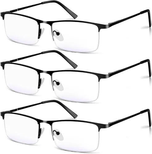Miniatura 9 de Paquete de 3 lentes de lectura con bloqueo de luz azul para hombres, elegantes lectores de computadora de metal de medio marco, anteojos ligeros
