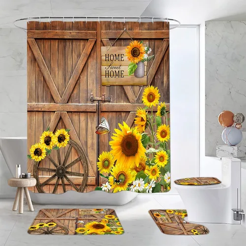 Juego de 4 cortinas de ducha rústicas de girasol, tablero de madera de granja, tablón, puerta de granero, mariposa, vintage, retro, margarita,