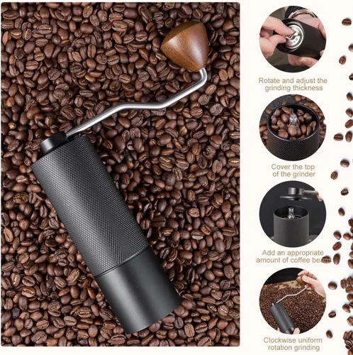 Miniatura 8 de Molinillo de café manual con capacidad de 0.88 oz, rebabas de acero inoxidable, mango de madera, molinillo de café para rebabas para el hogar, Negro