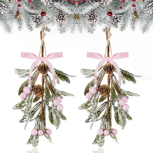 Miniatura 11 de Giegxin 1 pieza Adorno de Navidad Artificial de Muérdago Colgante con Lazo Rojo Bouquet de Adornos Colgantes de Navidad Floral con Piñas Naturales