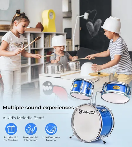Miniatura 8 de Juego de batería para niños, kits de batería para principiantes de 14 pulgadas, juego de batería de 3 piezas para niños y niñas, con trono Azul