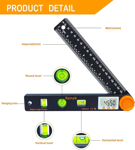 Miniatura 2 de Rainyb Herramienta de Búsqueda de Ángulo Digital de 7 Pulgadas 0-360 Grados con Transportador Digital LED, Niveles de Burbuja Horizontales