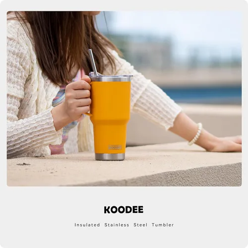 Miniatura 7 de koodee Vaso con asa, vaso de acero inoxidable de 30 onzas con aislamiento de doble pared con tapa y popote para café para hombres y mujeres