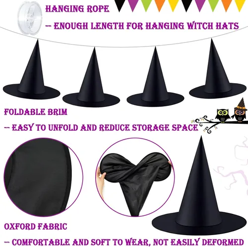 Miniatura 5 de ZeeDix 8 sombreros de bruja de Halloween para colgar en interiores, sombrero de bruja flotante negro con cuerda colgante de 98 pies, accesorios