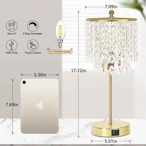 Miniatura 3 de Juego de 2 lámparas de mesa de cristal, lámpara de mesa de noche regulable de 3 vías con 2 puertos de carga USB, lámpara de noche dorada