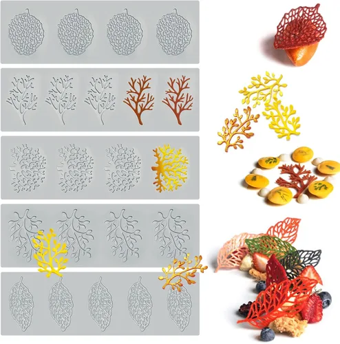 5 piezas de moldes de hojas de silicona para hornear fondant, moldes de tuile, moldes de coral huecos 3D de rama de coral, moldes de hoja de encaje