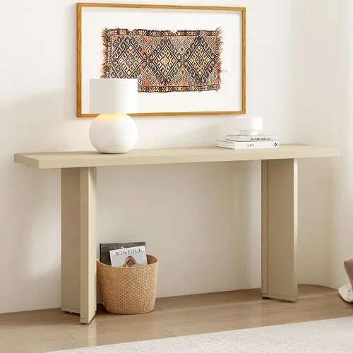Elegante mesa consola de 63 pulgadas con chapa de pino y patas geométricas, aparador de buffet versátil, mesa auxiliar de madera extra larga para