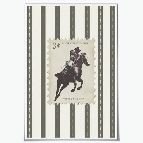 Póster vintage a rayas de Rodeo y vaquero, sello retro de tres centavos, impresión en lienzo de caballo y caballo arte de pared occidental, estilo-1