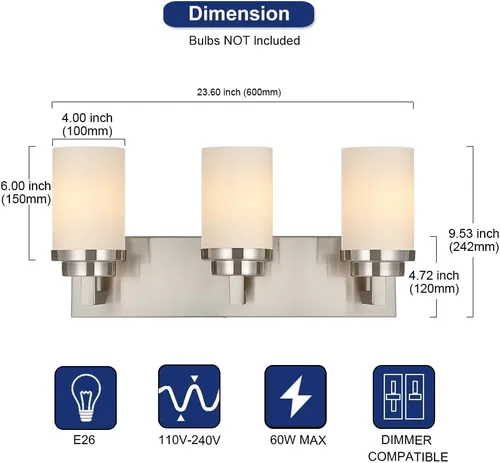Miniatura 4 de TODOLUZ Lámpara de baño de 3 luces con pantallas de vidrio blanco ópalo, iluminación moderna de baño sobre espejo de níquel cepillado para cocina