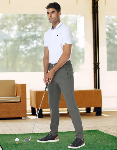 Miniatura 4 de PULI Pantalones de golf para hombre, elásticos, ajustados, casuales, para trabajo, senderismo, pantalones impermeables con bolsillos