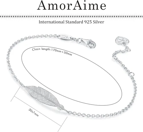 Miniatura 2 de AmorAime Pulsera de plata para mujer pulsera de plumas simples de la suerte con amor de plata de ley 925 joyería ajustable para niñas