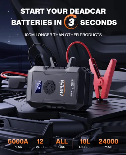 Miniatura 4 de Arrancador de batería de coche con compresor de aire de 160 PSI, 5000 A 60 W, batería de arranque portátil (todo a gas/10L diesel), caja de arranque
