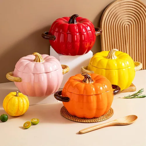 Miniatura 5 de Olla holandesa con tapa, cacerola de postre de cerámica de calabaza, mini fuente para hornear, lindo cuenco de calabaza, olla holandesa de cerámica