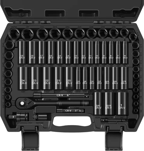 Aloanes Juego de llaves de impacto de 3/8 pulgadas, 64 piezas SAE profundo y poco profundo (5/16"-1") y métrico (0.236 in-0.945 in), llave de