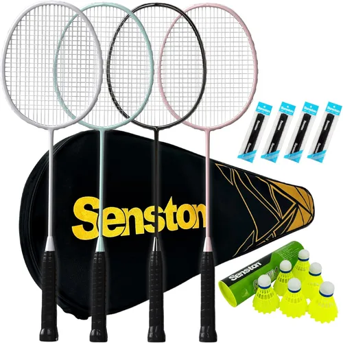 Senston Juego de 4 raquetas de bádminton profesionales, fibra de carbono, 6 volantes, 4 agarres y bolsa para juegos de patio trasero | 3.17 oz