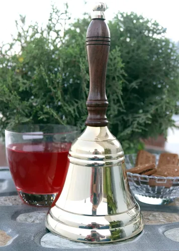 Miniatura 4 de The Metal Magician - Campana de mano grande y pesada dorada para bodas, Navidad y escuela, campana de mano de latón pulido (paquete de 1)