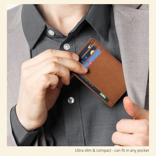Miniatura 6 de Cartera de cuero Oak Leathers delgada y minimalista con bloqueo RFID para hombres y mujeres con bolsillo frontal, Coñac, Pequeña