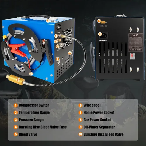 Miniatura 6 de Compresor de aire PCP, 4500Psi/30Mpa, motor de 350 W, diseño portátil único vertical+carrete de alambre, parada automática, sin aceite/agua