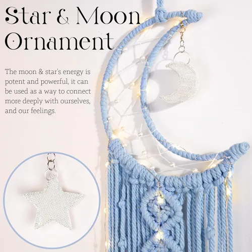 Miniatura 2 de Colgante de pared tejido de macramé bohemio, crochet, luna creciente, estrella, atrapasueños con luz, algodón azul, hecho a mano, bohemio, Azul bebé