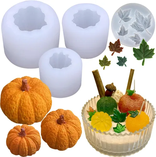 (Paquete de 4) Moldes de vela de calabaza con molde de hoja, juego de moldes de silicona 3D de calabaza grande + mediana + pequeña para velas, cera,