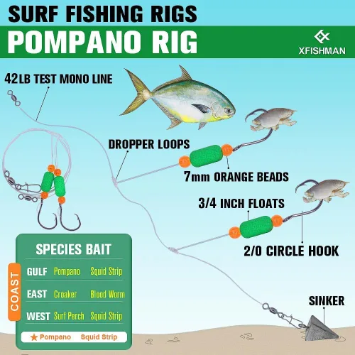 Miniatura 2 de Aparejos Pompano para Pesca de Surf en Agua Salada con Gancho de Doble Círculo y Espacio Amplio - Juego de 6 Accesorios de Pesca de Surf Paquete