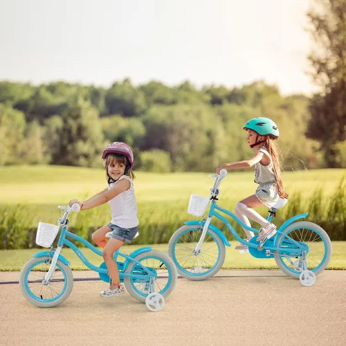 Miniatura 8 de BABY JOY Bicicleta para niños, 12, 14, 16, 18, 20 pulgadas, con asiento ajustable, cesta extraíble, freno de mano y freno de posavasos, ruedas