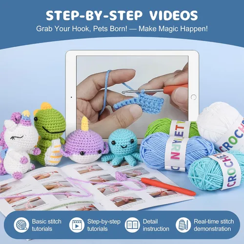 Miniatura 3 de MINGOMINGO Kit de ganchillo para principiantes y niños, 6 animales amigurumi, juego de regalo de manualidades para el día de la madre, tutoriales