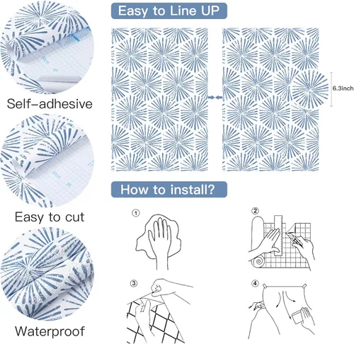 Miniatura 6 de Safiyya Papel Tapiz Despegar y Pegar de 118"x17.3" Azul y Blanco Papel de Contacto Papel Tapiz Geométrico Autoadhesivo Removible para Dormitorio