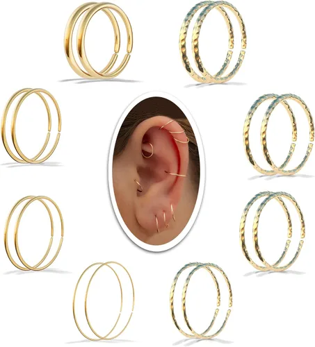 Miniatura 8 de Aretes de aro de oro de plata – Aretes de aro para mujer, dos piezas de aros de plata fina rellenos de oro, aro de hélice, anillo de tragus, aro
