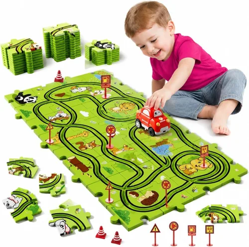 Miniatura 11 de Bennol Juego de Pistas de Autos de Carreras Rompecabezas de 56 Piezas Juguetes para Niños, Rompecabezas de Piso Pistas de Autos Regalos para Niños