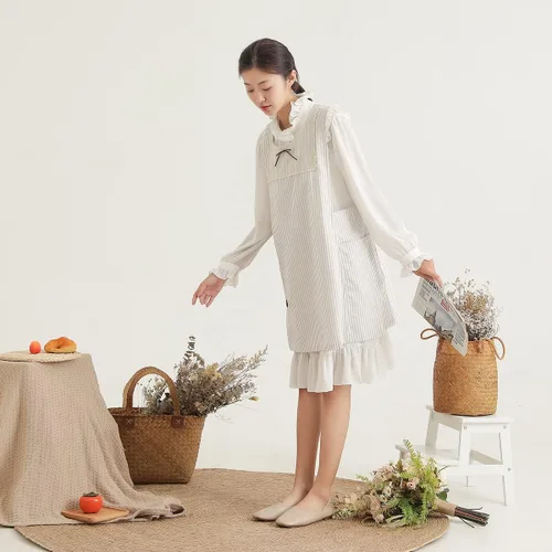 Miniatura 4 de Delantal de lino de algodón color blanco trigo encaje y arco decoración delantales estilo japonés chica estilo botón lateral cocina ropa
