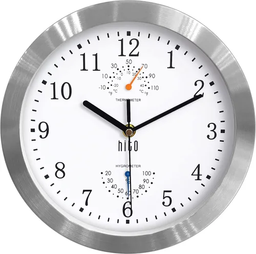 Miniatura 8 de HITO Reloj de pared silencioso de 10 pulgadas, funciona con pilas, sin tictac, con cubierta de vidrio, marco de aluminio plateado, para decoración