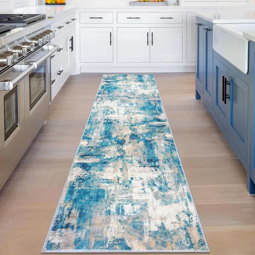 Miniatura 3 de KOZYFLY – Alfombra de pasillo moderna y lavable de diseño abstracto en tono azul, 2 x 8 pies, antideslizante, de pelo corto y fabricada con fibra