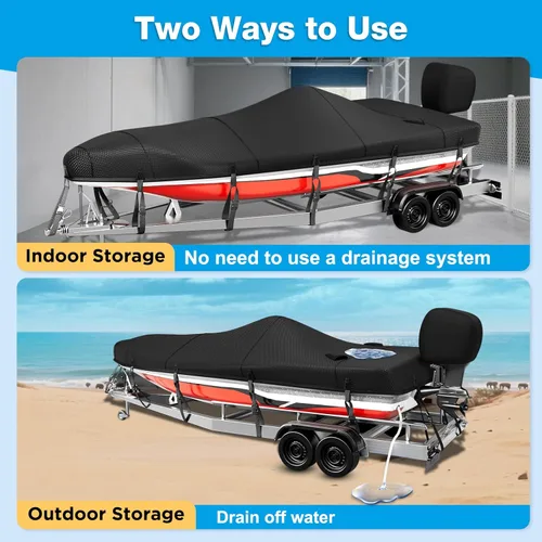 Miniatura 4 de Funda para Barco de 16-18 pies, Funda para Barco Bass 1200D, Fundas para Barco Resistentes e Impermeables con Funda para Motor y Kits de Drenaje