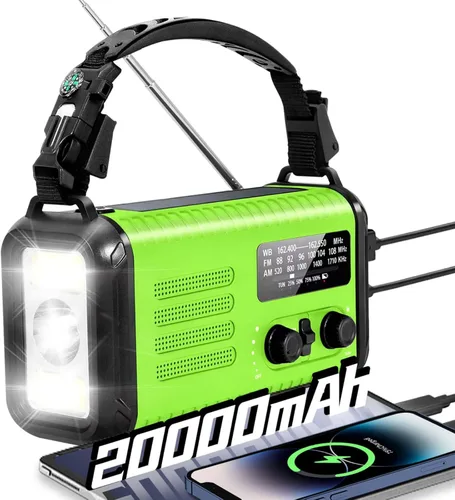 Miniatura 11 de Radio de emergencia de manivela, radio meteorológica de manivela solar de 20000 mAh / 74000 mWh con NOAA/AM/FM, radio alimentada por batería